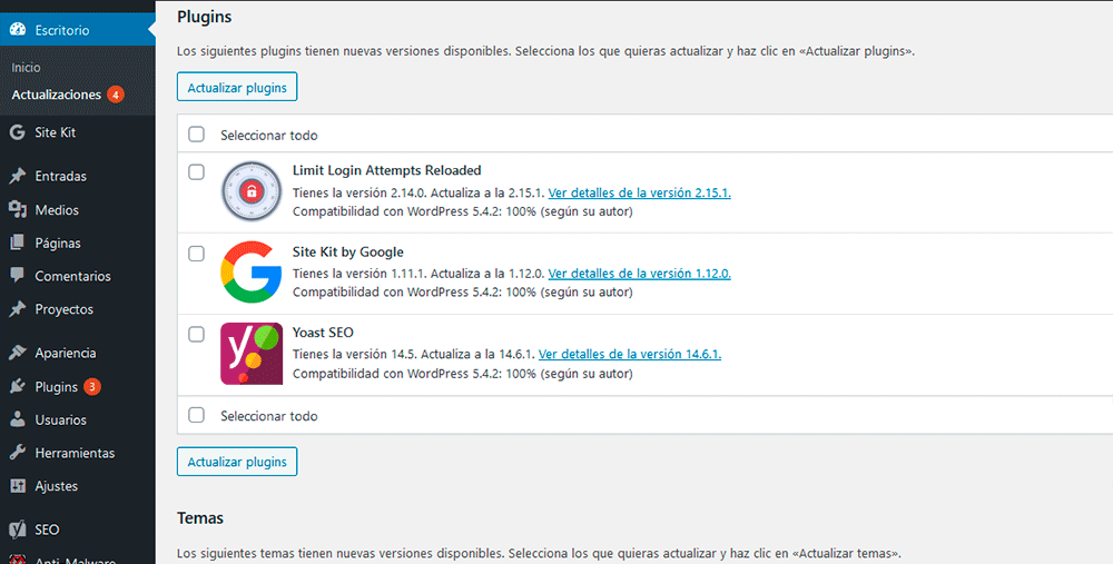actualizaciones de wp